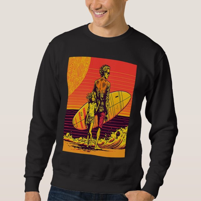 Dad And Daughter Surfing Retro Pop Surfer Dad Sweatshirt (Front)