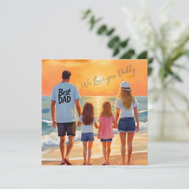 Dad and Daughters Beach Sunset Stroll Holiday Card (Standing Front)