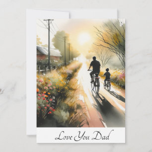 Dad and Kid Cycling on a Floral Path Watercolor Holiday Card