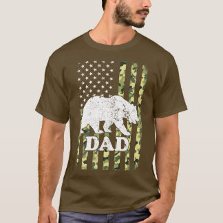 Dad Bear Camping Hiking Camouflage USA American Fl T-Shirt