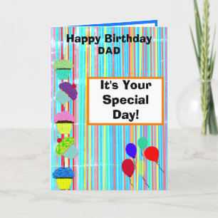 Dad Birthday Balloons Cupcakes Stripes PHOTO Card