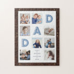DAD Blue Letters Father's Day Photos Leather Frame Jigsaw Puzzle<br><div class="desc">Send a beautiful personalized gift to your mother (DAD) that he'll cherish forever. Special personalized family photo collage puzzle to display your own special family photos and memories. Our design features a simple 7 photo collage grid design with "DAD" letters displayed in the grid design. Each photo is framed with...</div>