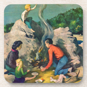 Dad builds a fire at the camp site coaster