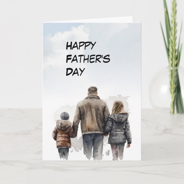 Dad & Children walking together Father's Day card (Front)