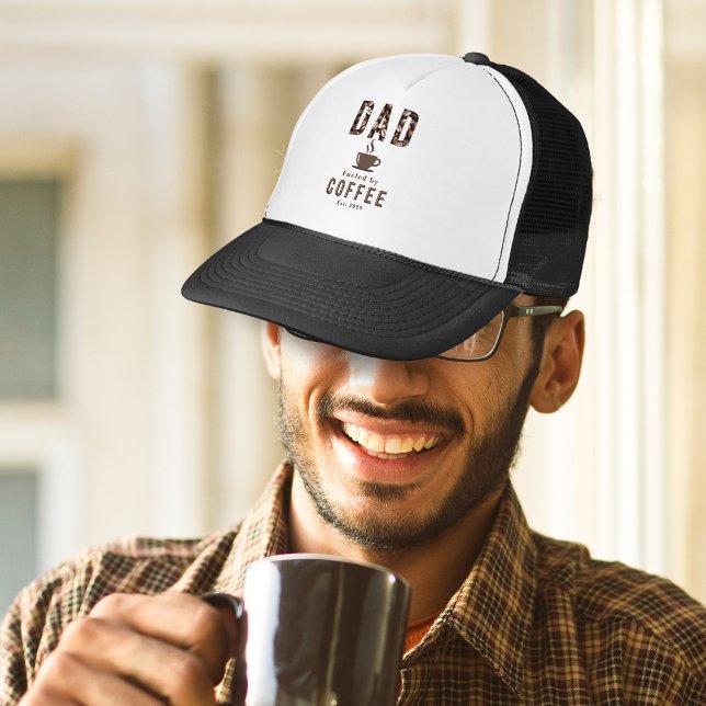 Dad Coffee Humour Father's Day Est. Trucker Hat (A hat with 'Dad Fueled By Coffee' and custom established date, with cup icon and coffee beans detail)