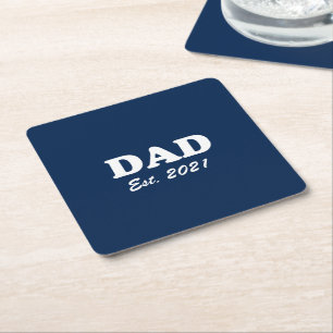 Dad Custom Est date navy blue white Father's Day Square Paper Coaster