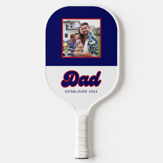Dad custom photo and year, retro red and blue pickleball paddle (Front)