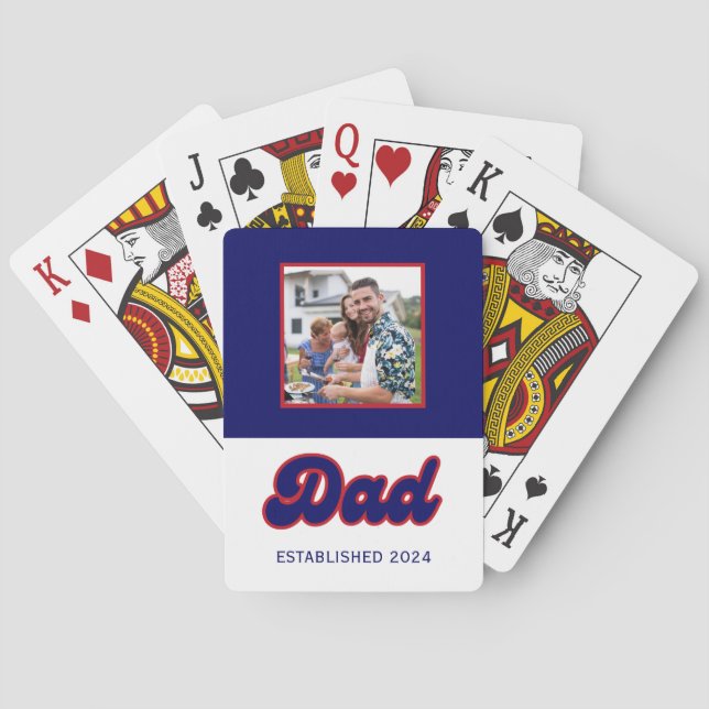 Dad custom photo and year, retro red and blue playing cards (Back)