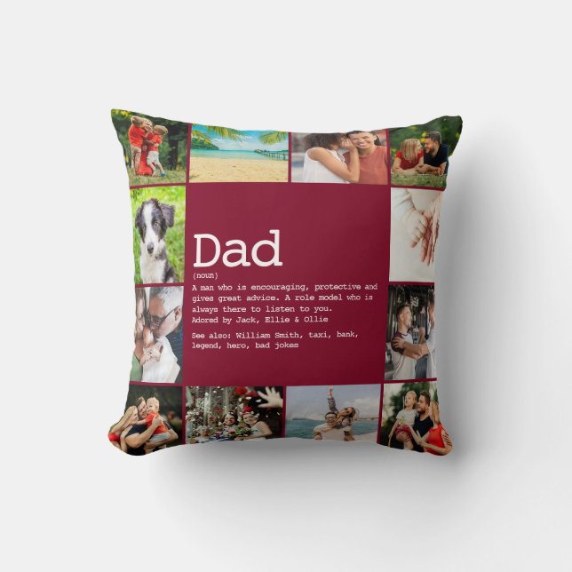 Dad Definition 12 Photo Collage Burgundy Cushion (Front)
