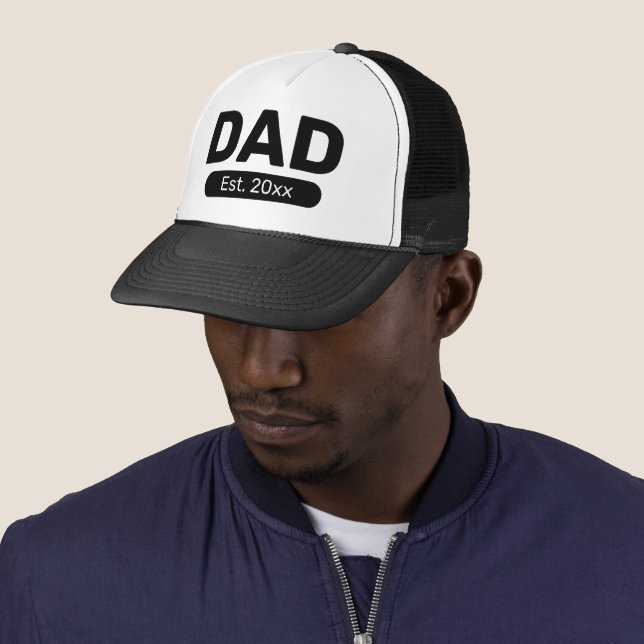 Dad Est. 20xx Black and White Trucker Hat (In Situ)