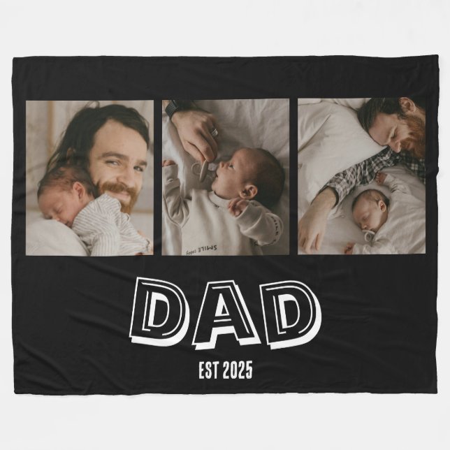 Dad Est 3 Photo Gift Father Keepsake  Fleece Blanket (Front (Horizontal))