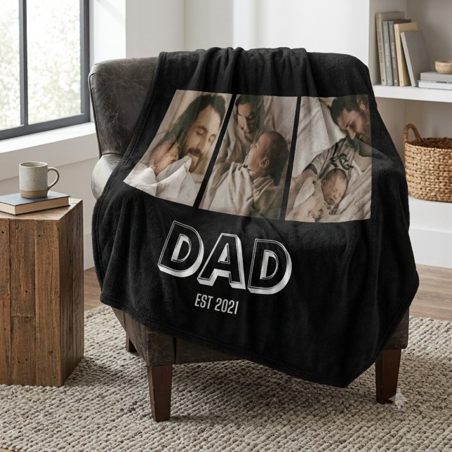 Dad Est 3 Photo Gift Father Keepsake  Fleece Blanket (Creator Uploaded)