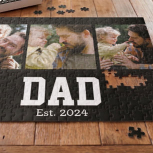 Dad Est. Bold Black Font 3 Photo Fathers Day Gift Jigsaw Puzzle