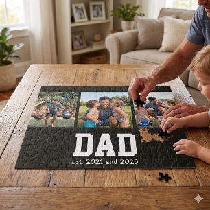 Dad Est. Bold Black Font 3 Photo Fathers Day Gift Jigsaw Puzzle