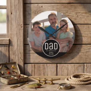 Dad Est. Photo Modern Bold Simple Kids Names Round Clock
