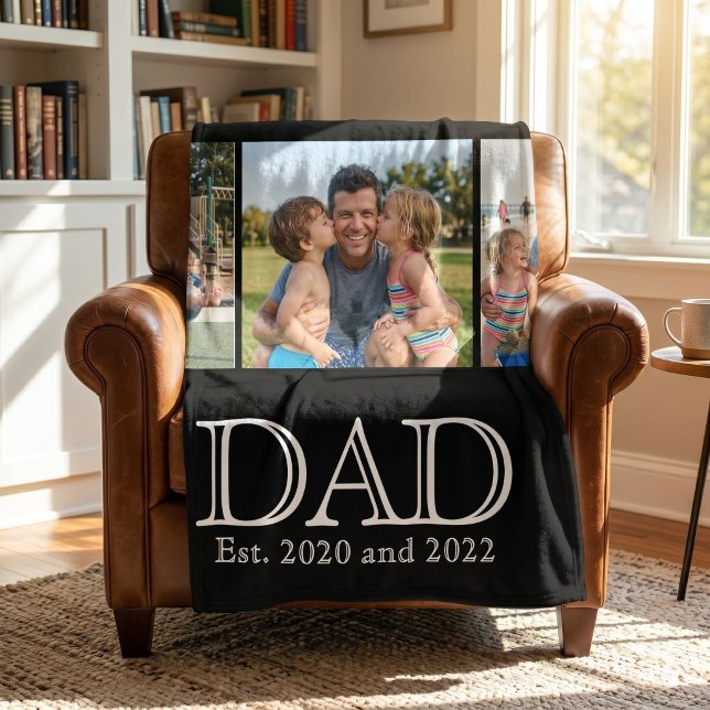 Dad Est. White Bold Minimal Text 3 Photos Fleece Blanket (Creator Uploaded)