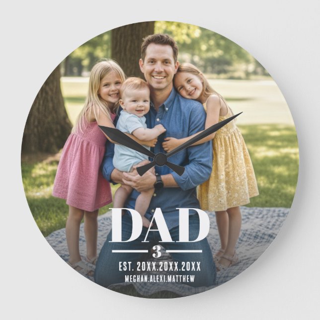 Dad Est. Year Name Number Bold Font Photo Large Clock (Front)