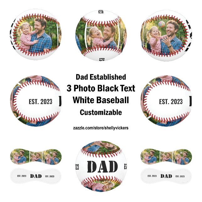 Dad Established 3 photo Black Text White  Baseball (Dad Established 3 photo Bold Black Text on a White  Baseball  Customize the text, year and photos)