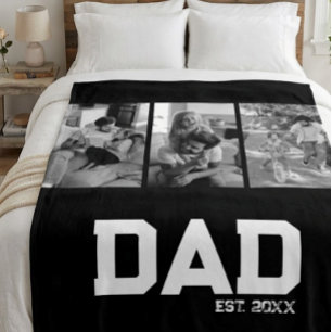 Dad Established 3 Photo Black & White Year Fleece Blanket