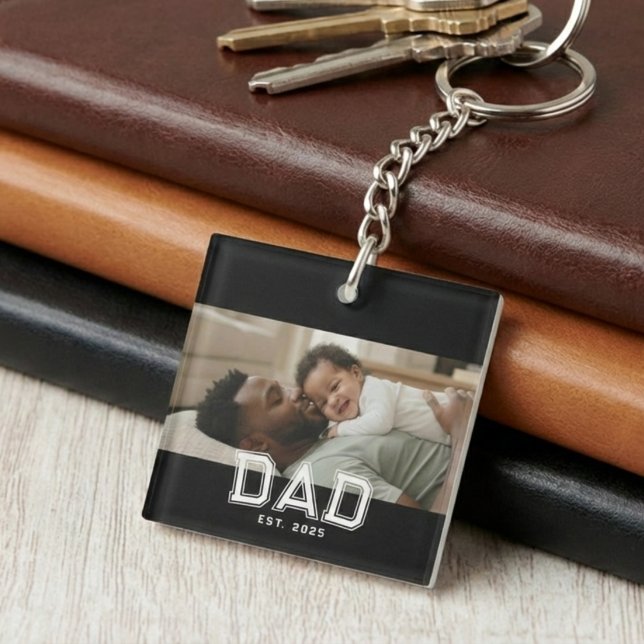 Dad Established Black Bold Photo Key Ring (Creator Uploaded)