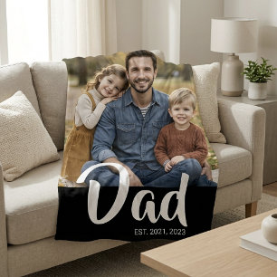 Dad Established Black Modern Script Photo Fleece Blanket