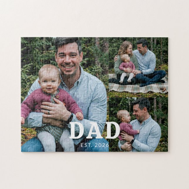 Dad Established Bold Modern Black 3 Photo Jigsaw Puzzle (Horizontal)
