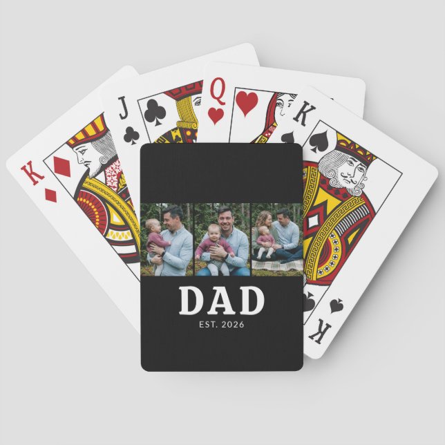 Dad Established Bold Modern Black 3 Photo Playing Cards (Back)