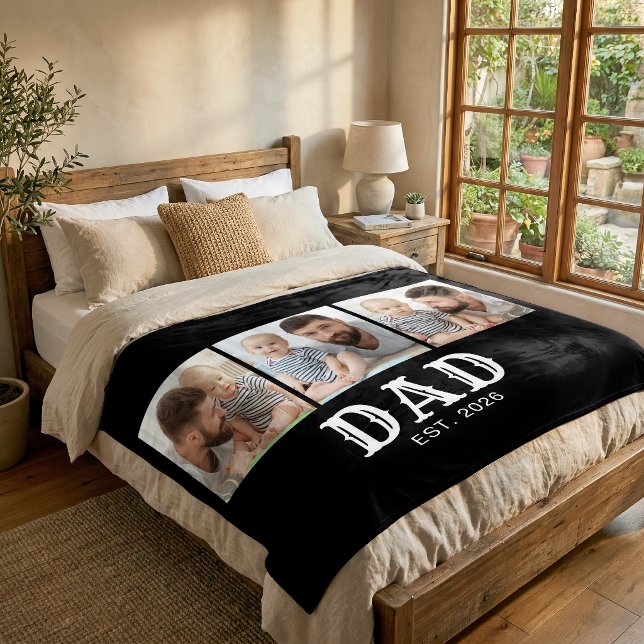 Dad Established Bold Typography Black 3 Photo Fleece Blanket (Creator Uploaded)