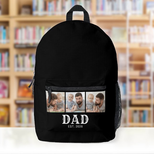 Dad Established Bold Typography Black 3 Photo Printed Backpack (Creator Uploaded)