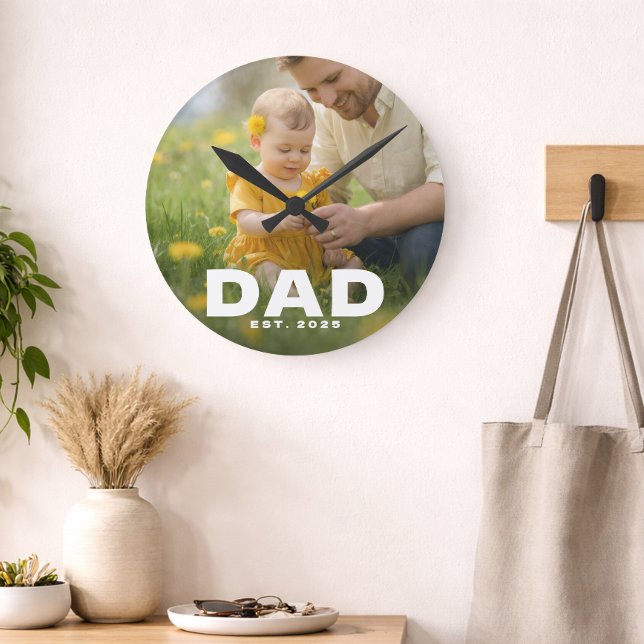 Dad Established Bold White Modern Photo Round Clock (Creator Uploaded)