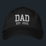 Dad Established date black white custom athletic Embroidered Hat<br><div class="desc">Dad Established date black and white personalised custom athletic sports text Embroidered Baseball Cap.  Available in many colours and options.
Modern,  minimalist,  simple,  elegant style.
with fully customisable text.
Great for Father's Day,  Dad's birthday,  expecting baby fathers,  grandparents,  grandpa</div>