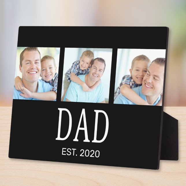 Dad Established Elegant Script 3 Photo Black Plaque (Creator Uploaded)