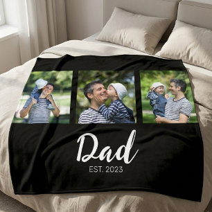 Dad Established Elegant Script Black 3 Photo Fleece Blanket