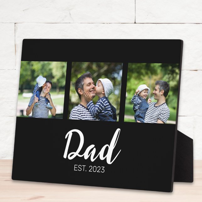 Dad Established Elegant Script Black 3 Photo Plaque (Creator Uploaded)