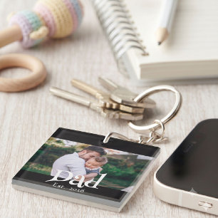 Dad Established Fun Bold Simple Text + Photo Black Key Ring