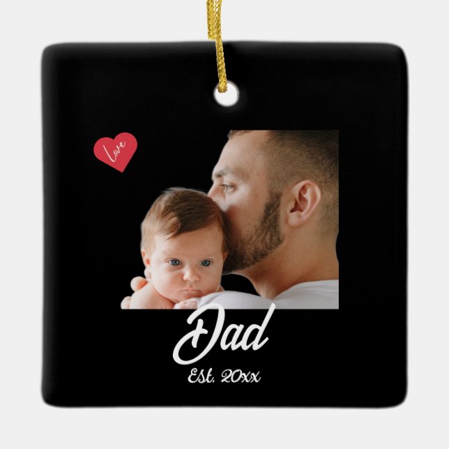 Dad Established Fun Script Photo Heart Gift Ceramic Ornament (Front)