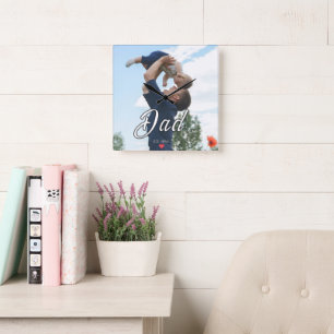 Dad Established Fun Script Photo Heart Gift Square Wall Clock