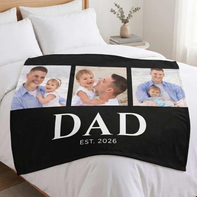 Dad Established Modern Black 3 Photo Fleece Blanket (Creator Uploaded)