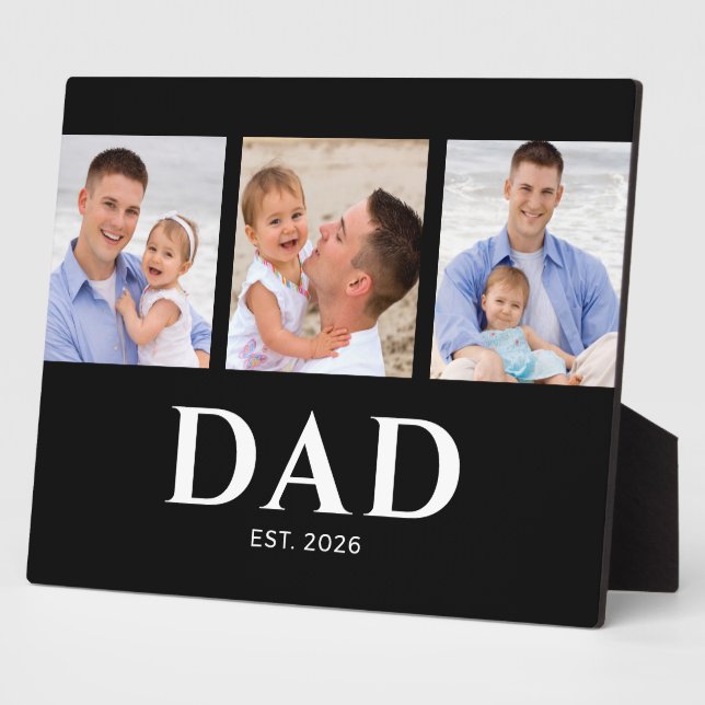 Dad Established Modern Black 3 Photo Plaque (Side)