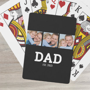 Dad Established Modern Bold Black 3 Photo Playing Cards