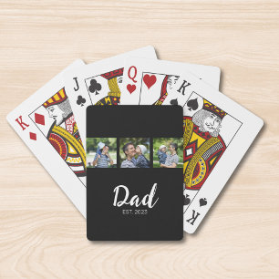Dad Established Modern Bold Script Black 3 Photo Playing Cards