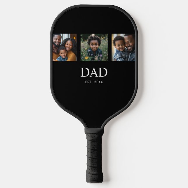 Dad Established Modern Bold Simple Black 3 Photo Pickleball Paddle (Front)