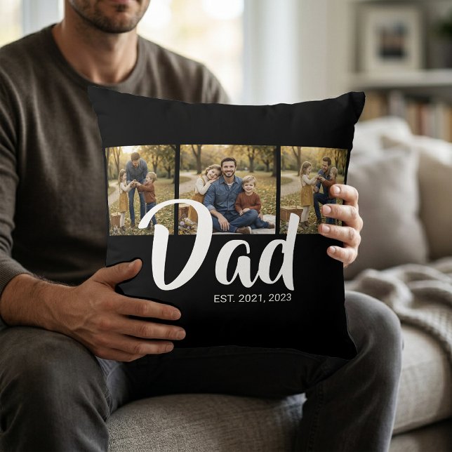Dad Established Modern Script Black 3 Photo Cushion (Dad Established Modern Script Black 3 Photo Throw Pillow)