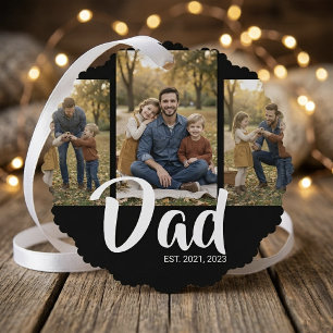 Dad Established Modern Script Black 3 Photo Tree Decoration Card