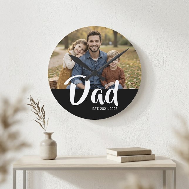 Dad Established Modern White Script Photo Round Clock (Dad Established Modern White Script Photo Round Clock)