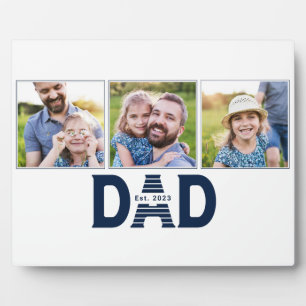 Dad Established Navy Blue Modern 3 Photo Plaque