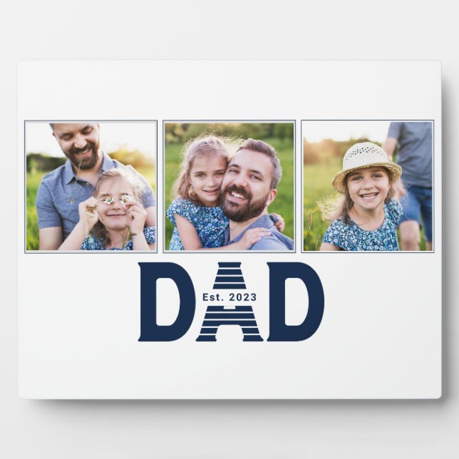 Dad Established Navy Blue Modern 3 Photo Plaque (Front)