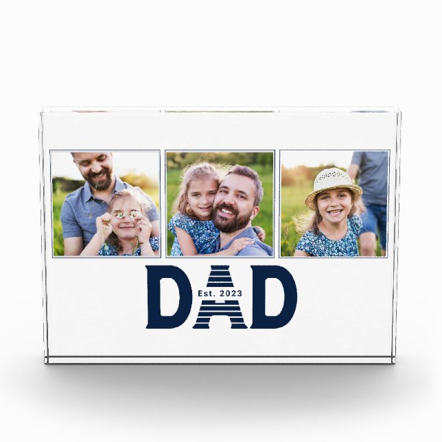 Dad Established Navy Blue Modern Fun 3 Photo Block (Front)