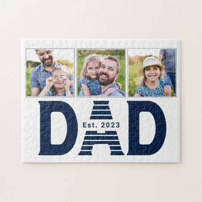 Dad Established Navy Blue Modern Simple 3 Photo Jigsaw Puzzle (Horizontal)
