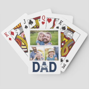 Dad Established Navy Blue Modern Simple 3 Photo Playing Cards